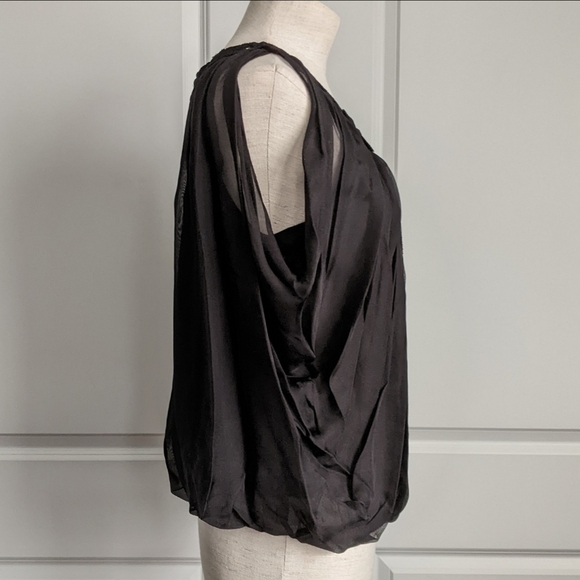 Leon Max Blouse 100% Silk Sleeveless Embroidered Sheer Overlay Lined Black L NWT - Picture 5 of 15
